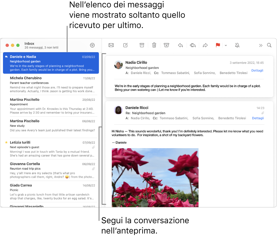 Viene visualizzato solo il messaggio più recente di una conversazione nella lista dei messaggi. Un numero nel messaggio superiore indica quanti messaggi della conversazione sono presenti nella casella attuale. Segui la conversazione nell’area di anteprima.