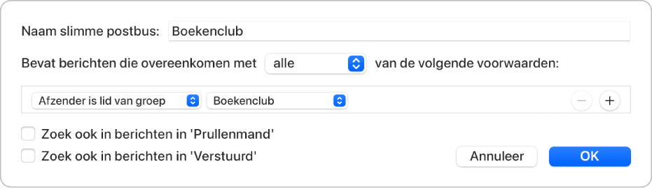 Het venster van de slimme groep met criteria voor een groep met de naam "Book club" (Boekenclub). De groep heeft twee voorwaarden. De eerste voorwaarde is 'Afzender is lid van groep'. De tweede voorwaarde is 'Book club'.