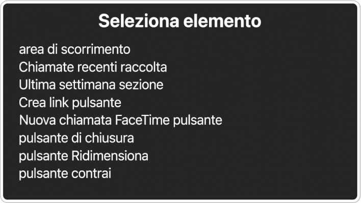 “Selezione elemento” è un pannello che contiene un elenco di elementi, quali un’area di scorrimento e il pulsante di chiusura, tra gli altri.