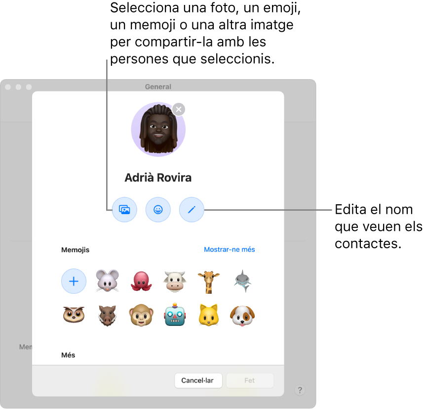 El quadre de diàleg per compartir el nom i la foto, en què es mostren opcions per editar el nom que es mostra als contactes i seleccionar una foto, un emoji, un memoji o una altra imatge.