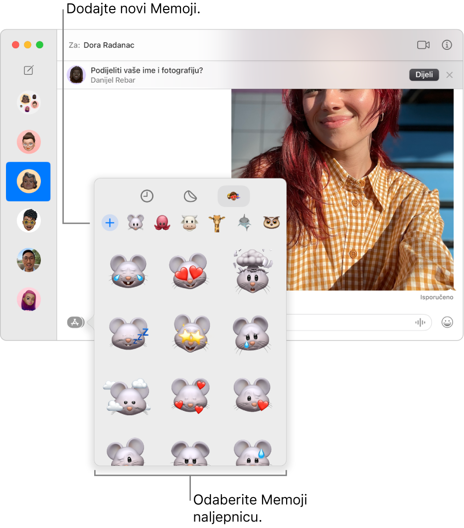 Prozor Poruke s popisom nekoliko razgovora u rubnom stupcu s lijeve strane i prikazom transkripta s desne. Prilikom odabira Memoji naljepnica putem tipke Aplikacije, možete odabrati Memoji naljepnicu za uporabu ili izradu novog Memojija.