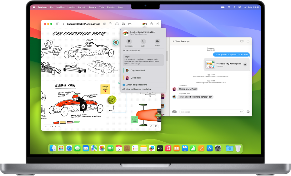 La scrivania del Mac con due finestre aperte: la finestra di Freeform con una lavagna condivisa e le opzioni di collaborazione e l’app Messaggi con una conversazione che mostra la stessa lavagna condivisa.