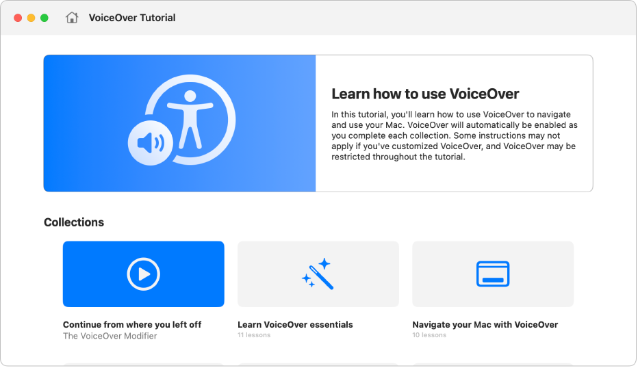 Tutoriel interactif de VoiceOver avec des informations sur l’apprentissage de l’utilisation de VoiceOver.