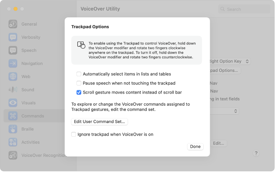 Un dialog din Utilitar VoiceOver afișând configurările de utilizare a trackpadului pentru controlarea VoiceOver.