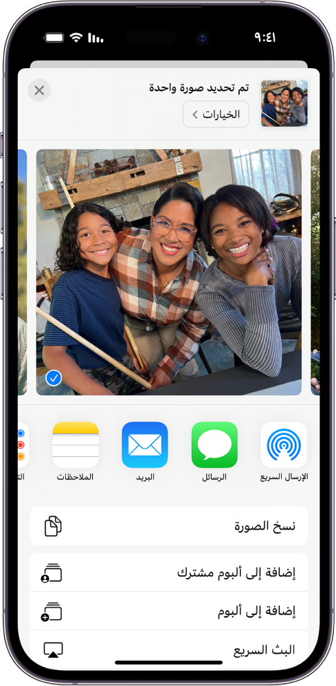 تُعرَض صورة محددة في النصف العلوي من شاشة iPhone، مع ظهور خيارات مشاركة تحتها: الإرسال السريع والرسائل والبريد والملاحظات. تظهر أسفل خيارات المشاركة هذه الإجراءات الأخرى التي يمكن إجراؤها على الصورة، بما في ذلك نسخ الصورة والإضافة إلى الألبوم المشترك والإضافة إلى الألبوم والبث السريع.
