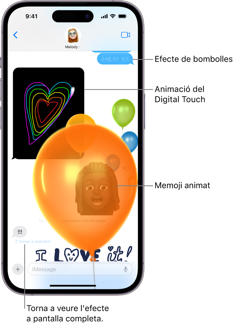 Una conversa de l’app Missatges amb efectes a pantalla completa i animacions: Digital Touch i un missatge escrit a mà.