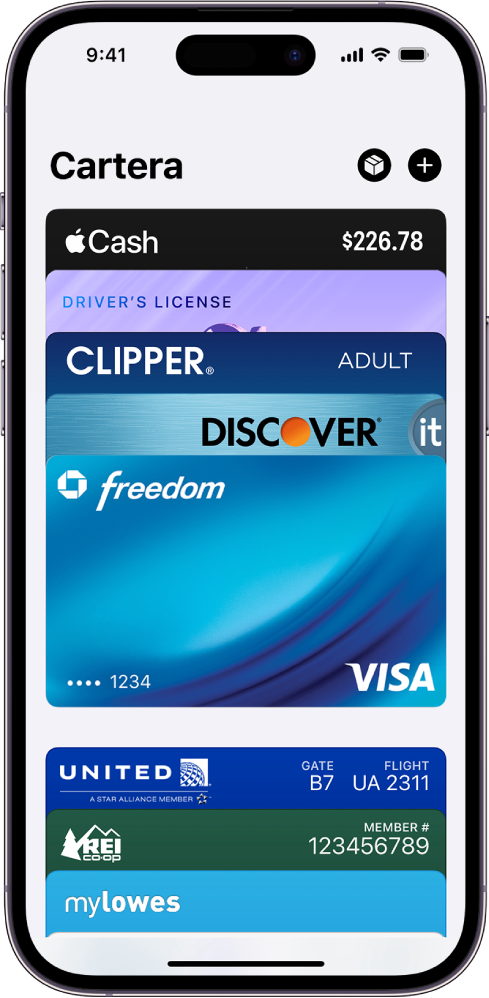 La pantalla de l’app Cartera mostra diverses targetes de pagament i passis.