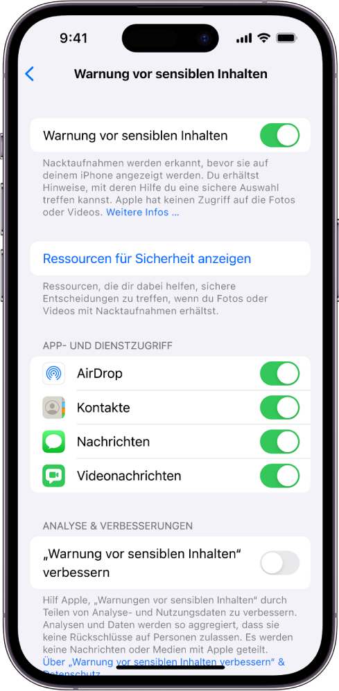 Die Einstellungen für die Funktion „Warnung vor sensiblen Inhalten“ mit einem Link mit dem Titel „Ressourcen für Sicherheit anzeigen“ und der Taste „Warnung vor sensiblen Inhalten verbessern“ zum Teilen von Analyse- und Nutzungsdaten mit Apple.