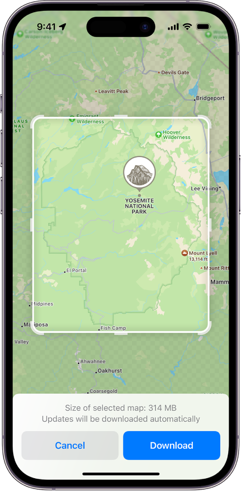 A section of a map in the Maps app is selected. At the bottom of the screen are the Cancel and Download buttons.