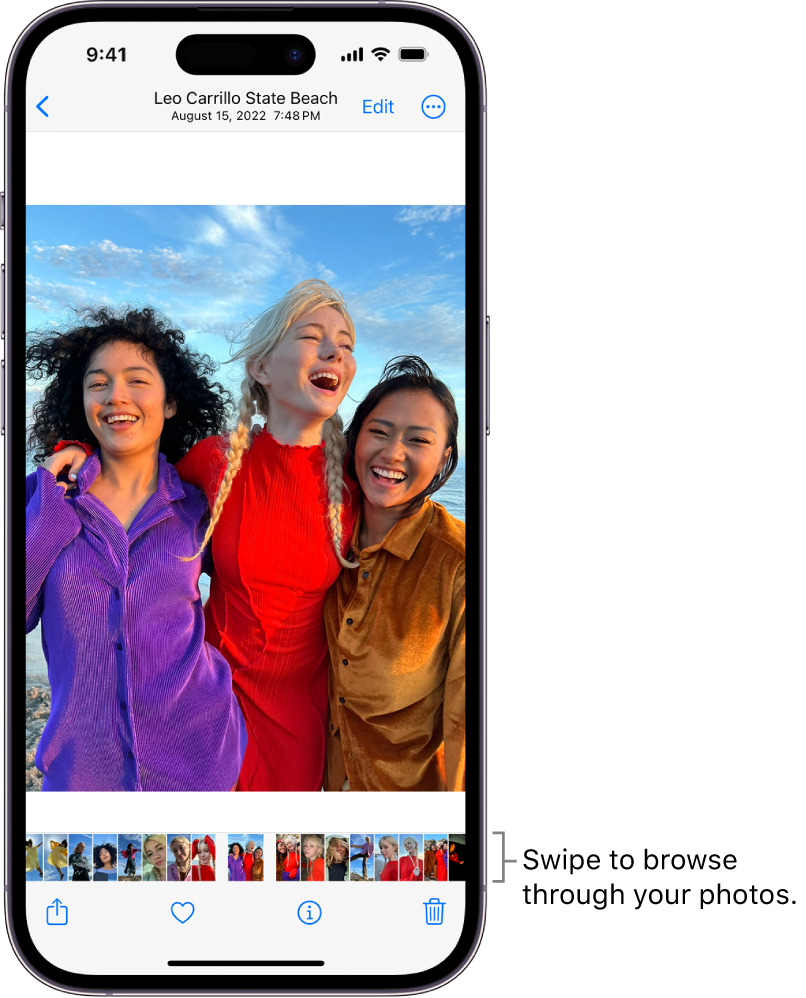 A photo with thumbnails of other photos across the bottom of the screen. At the top left is a back button, which takes you back to the view in which you were browsing. Along the bottom are the Share, Like, and Delete buttons. In the top right is the Edit button.