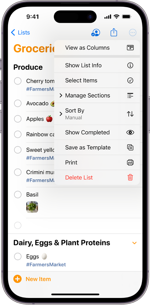 A checklist for a camping trip in Reminders. Some items have tags, locations, flags, and photos. The New Reminder button is at the bottom left.