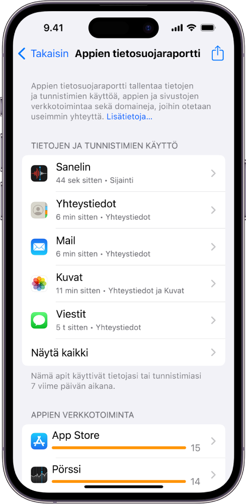 Appien tietosuojaraportissa on luetteloituna viisi Tietojen ja tunnistimien käyttö -kategorian appia sekä tietoja kolmesta Appien verkkotoiminta -kategorian apista.