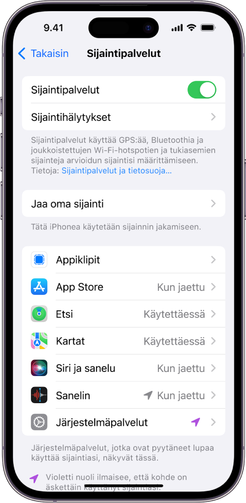 Sijaintipalvelut-näyttö, jossa ovat asetukset iPhonen sijainnin jakamiselle, mukaan lukien yksittäisten appien muokatut asetukset.