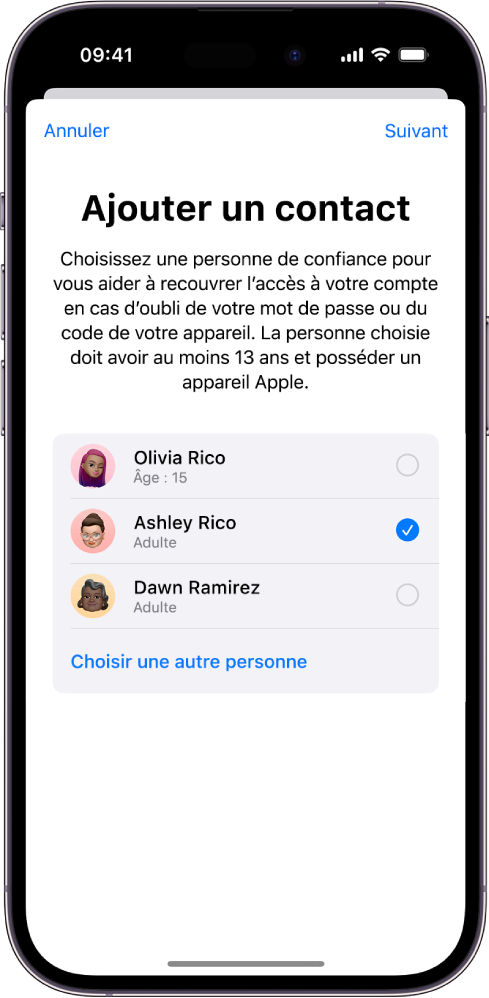 L’écran « Ajouter un contact de récupération ».