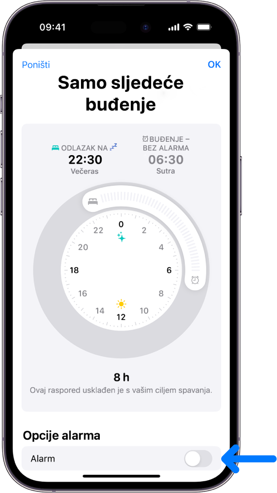 Zaslon Samo sljedeće buđenje u aplikaciji Zdravlje s isključenim Alarmom pri dnu.