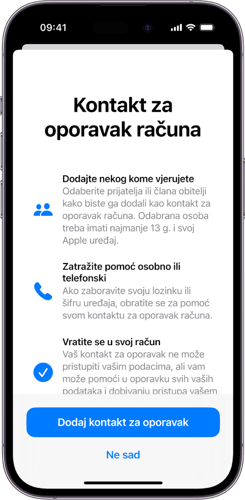 Zaslon kontakta za oporavak računa s informacijama o značajci. Tipka Dodaj Kontakt za oporavak nalazi se pri dnu.