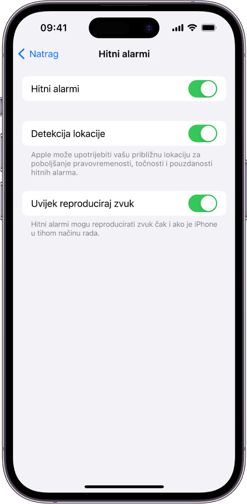 Zaslon Hitni alarmi, s uključenim opcijama Hitni alarmi, Detekcija lokacije i Uvijek reproduciraj zvuk.