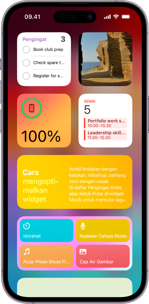 Widget yang muncul di Tampilan Hari Ini, termasuk widget Pengingat, Foto, Baterai, Kalender, serta Kiat, dan lainnya.