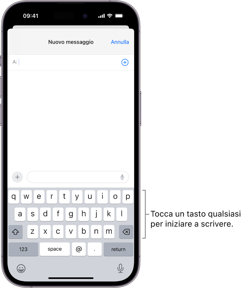 Nell’app Mail è presente un’email vuota. Nella metà inferiore è presente la tastiera su schermo.