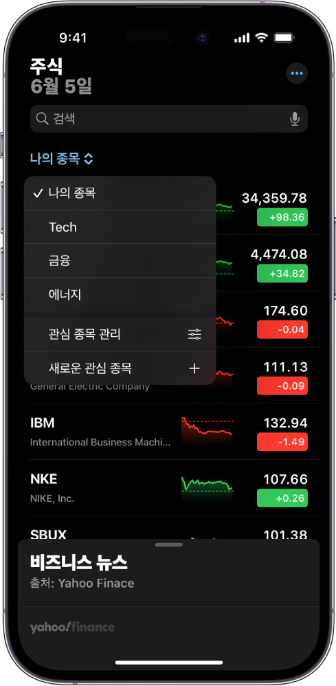 다양한 주식의 목록을 나타내는 주식 앱의 관심 종목. 목록에 있는 각 주식은 왼쪽에서 오른쪽으로 주식 종목 및 이름, 실적 차트, 주가 및 시세 변동을 나열함. 화면 상단에는 나의 종목이 선택되어 있고 다음과 같은 관심 종목 및 옵션이 지원됨. 테크, 금융, 에너지, 관심 종목 관리 및 새로운 관심 종목.