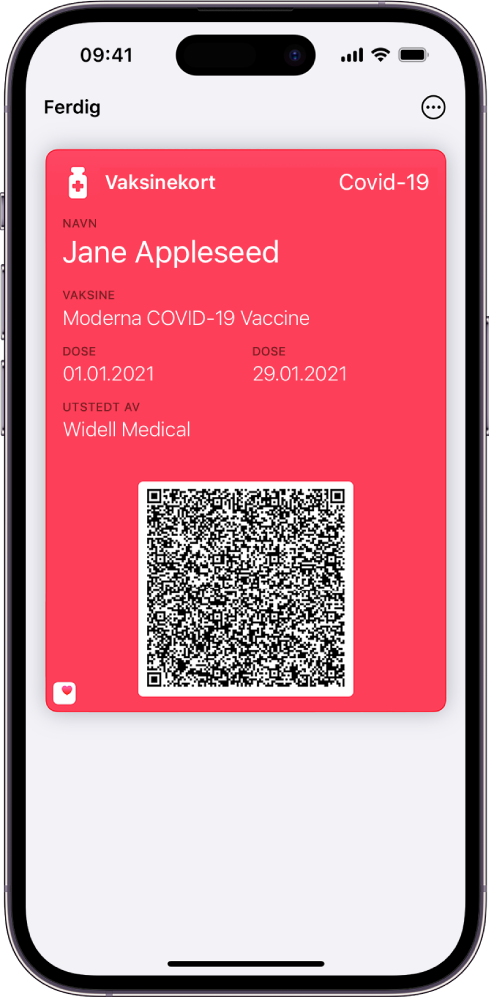 Et vaksinasjonskort i Lommebok-appen.