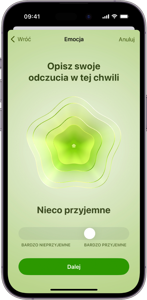 Ekran aplikacji Zdrowie z aktualnymi odczuciami ustawionymi jako nieco przyjemne. Na dole ekranu widoczny jest suwak do określania siły emocji.