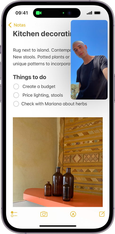 Uma conversa do FaceTime em andamento. Uma nota sobre decoração de cozinha ocupa o restante da tela.