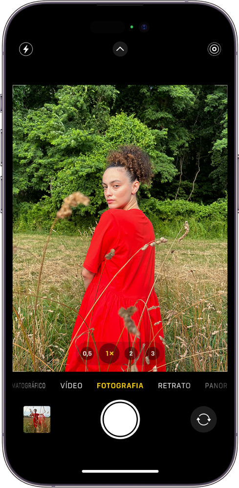 Câmara em modo Fotografia, com os outros modos visíveis de cada lado por baixo do visor. Os botões do flash, controlos da câmara e Live Photos são apresentados na parte superior do ecrã. O botão do visualizador de fotografias e vídeos encontra‑se no canto inferior esquerdo. O botão para tirar fotografias encontra‑se na parte inferior do ecrã, ao centro, e o botão “Seletor da câmara - traseira” está no canto inferior direito.