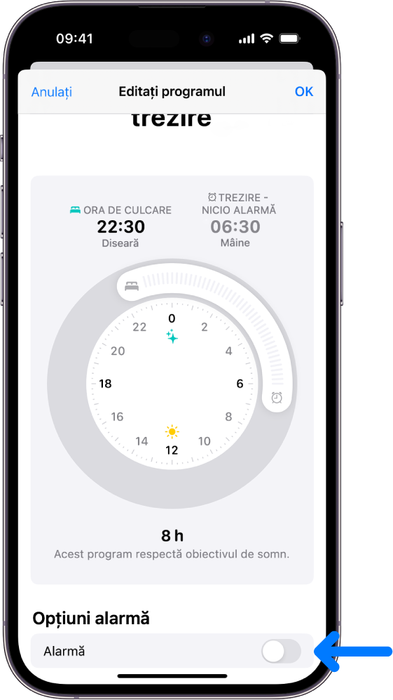 Ecranul Doar următoarea trezire din aplicația Sănătate, cu opțiunea Alarmă dezactivată în partea de jos.