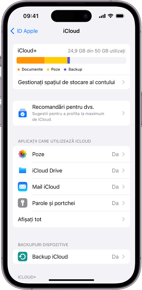 Ecranul de configurări iCloud afișând contorul de stocare iCloud și o listă de aplicații și funcționalități ce pot fi utilizate cu iCloud.