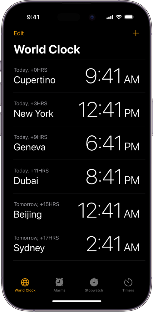 Skeda World Clock, që shfaq orën në qytete të ndryshme. Butoni Edit pranë këndit lart majtas ju lejon të renditni përsëri ose të fshini orët. Butoni Add pranë këndit lart djathtas ju lejon të shtoni orë të tjera. Butonat World Clock, Alarm, Stopwatch dhe Timers ndodhen përgjatë fundit.