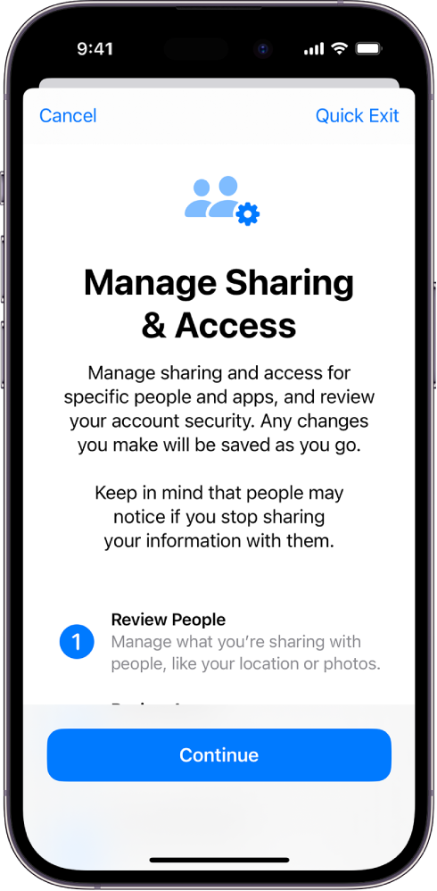 Екран Manage Sharing & Access са информацијама о томе како ради функција. Дугме Continue се налази при дну.