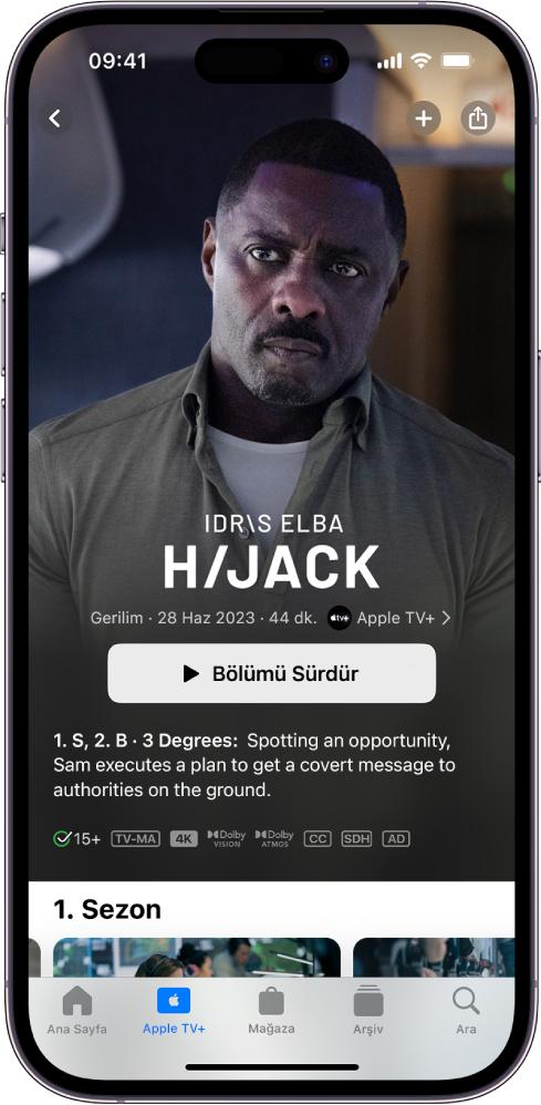 Öne çıkan bir Apple Original’ı adıyla, Bölümü Sürdür düğmesiyle ve bir bölüm açıklamasıyla birlikte gösteren Apple TV+ ekranı. En altta, soldan sağa doğru Ana Sayfa, Apple TV+, Mağaza, Arşiv ve Ara sekmeleri var.