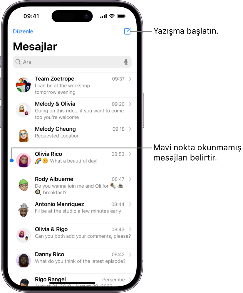 Sağ üstte Oluştur düğmesiyle Mesajlar yazışma listesi. Mesajın solundaki bir mavi nokta mesajın okunmadığını belirtir.