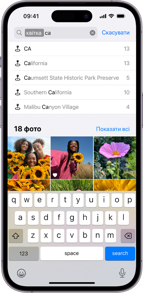 Екран «Пошук» в програмі «Фотографії». Угорі екрана розташоване поле пошуку, а під ним — результати пошуку.