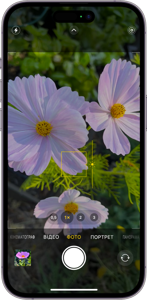 Камера в режимі «Фото». У видошукачі фокус зафіксовано на об’єкті, а поряд з об’єктом відображається повзунок для регулювання яскравості.