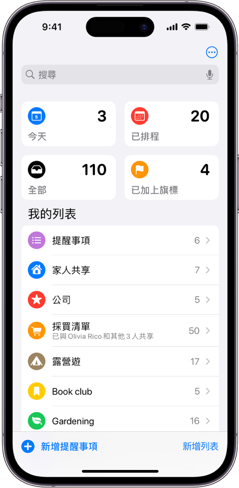 畫面顯示「提醒事項」中的多個列表。「智慧型列表」上方顯示搜尋欄位，可搜尋今天到期、排定的提醒事項、所有提醒事項和已加上旗標的提醒事項。「新增列表」按鈕位於右下角。