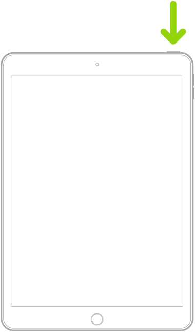 Il·lustració d’un model de l’iPad amb botó d’inici. El botó superior es mostra a prop de la vora dreta.