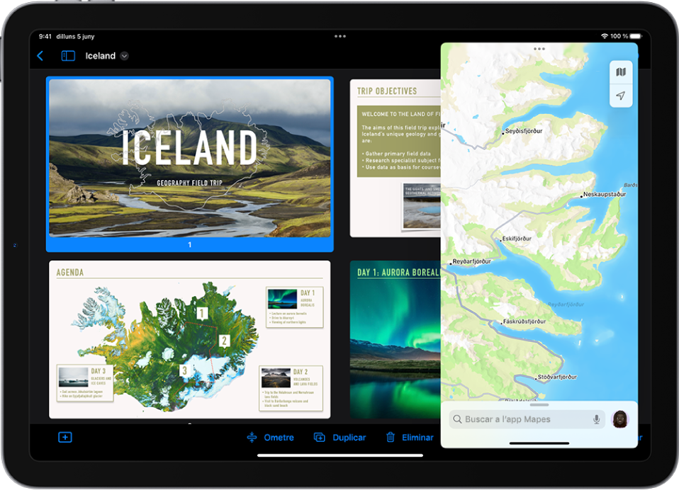 L’app Keynote ocupa tota la pantalla. L’app Mapes està oberta en una finestra de l’Slide Over a la part dreta de la pantalla.