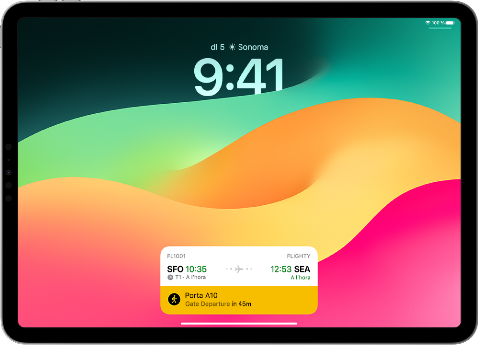 Pantalla bloquejada de l’iPad amb una activitat en directe: seguiment dels vols d’una companyia aèria que mostra les hores del vol i l’interval de sortida esperat d’un vol del qual s’està fent el seguiment.