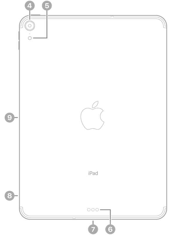 Revers de l’iPad Pro amb crides a la càmera posterior i al flaix a la part superior esquerra, a l’Smart Connector i al connector USB-C a la part inferior central, a la safata de la SIM (Wi-Fi + Cellular) a la part inferior esquerra i al connector magnètic per a l’Apple Pencil a l’esquerra.