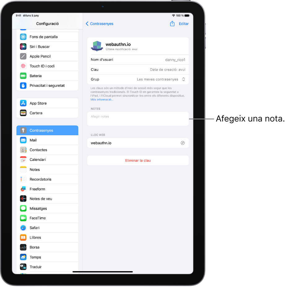 La configuració de les contrasenyes, en què es mostra la informació d’una clau i un camp per introduir una nota.