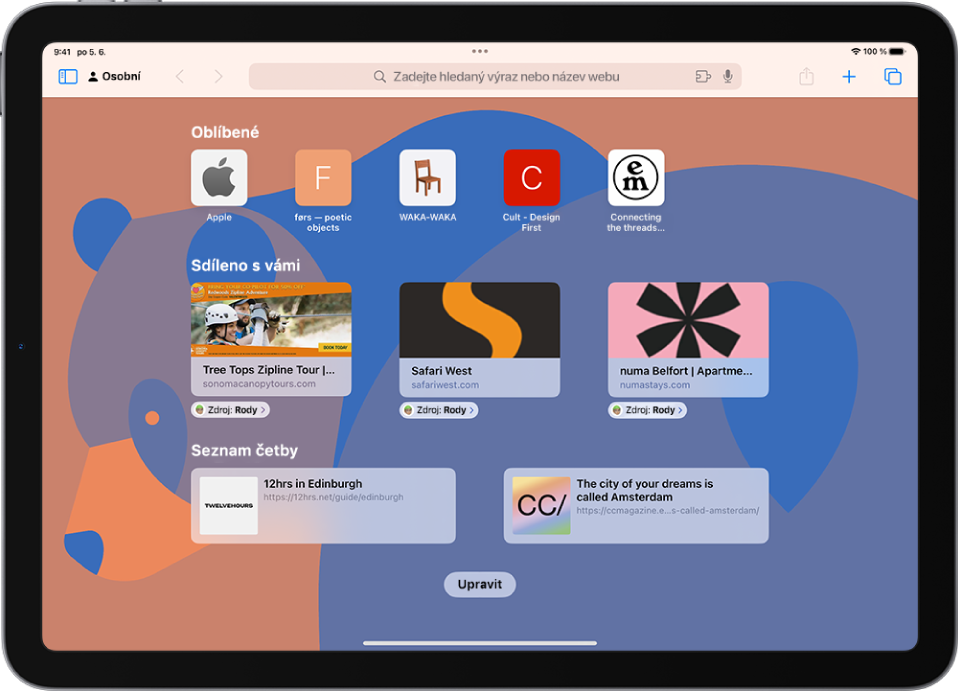 Úvodní stránka v Safari s oblíbenými webovými stránkami, dále s webovými stránkami, které s vámi někdo sdílel, a webovými stránkami uloženými do seznamu četby. U dolního okraje obrazovky je vidět tlačítko Upravit.