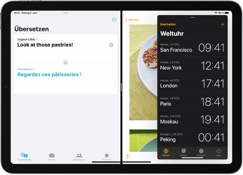 Auf der linken Seite des Bildschirms befindet sich die geöffnete App „Übersetzen“, rechts ist die geöffnete App „Notizen“ zu sehen und die App „Uhr“ ist in einem Slide Over-Fenster geöffnet, das die App „Kalender“ teilweise verdeckt.