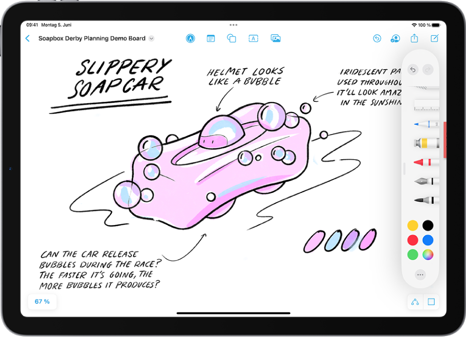 Ein iPad mit dem geöffneten Zeichenwerkzeugmenü in der App „Freeform“. Das Board enthält handschriftlichen Text und Zeichnungen.