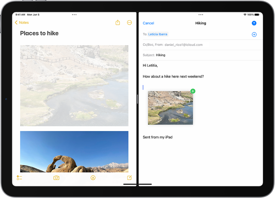 A Split View with Notes open on the left and an email open on the right. A photograph from Notes is dragged into the email.