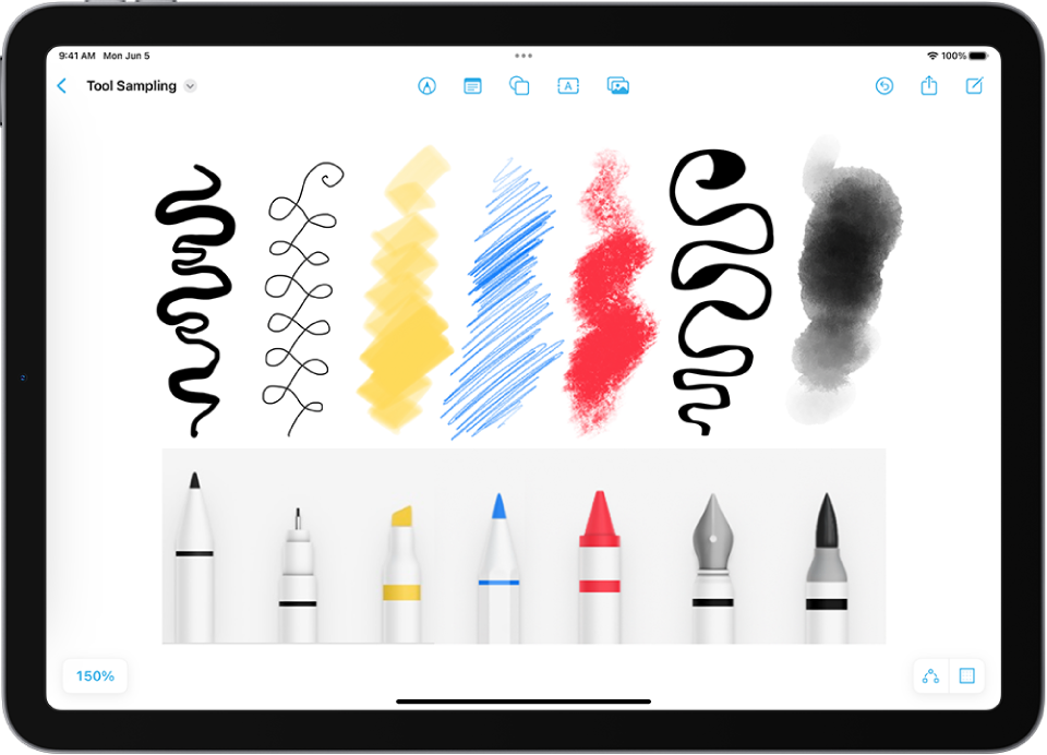 Some Freeform drawing tools and their strokes: Marker, Pen, Highlighter, Pencil, Crayon, Fountain Pen, and Watercolor Brush.