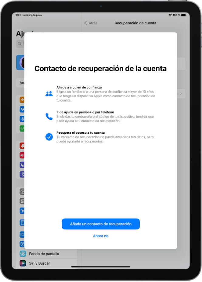 La pantalla “Contacto de recuperación de la cuenta”, con información sobre la función. El botón “Añadir contacto” se encuentra en la parte inferior.