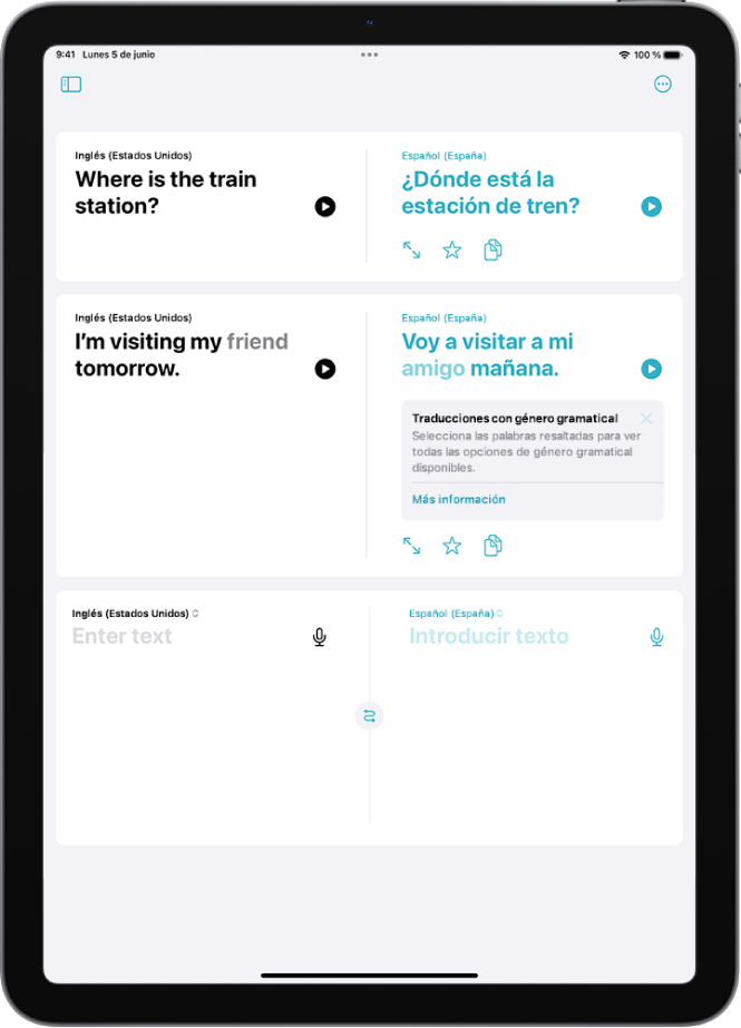 Pestaña Traducción con frases traducidas del inglés al español. La segunda frase tiene una palabra con diferentes variaciones de género resaltada en gris.