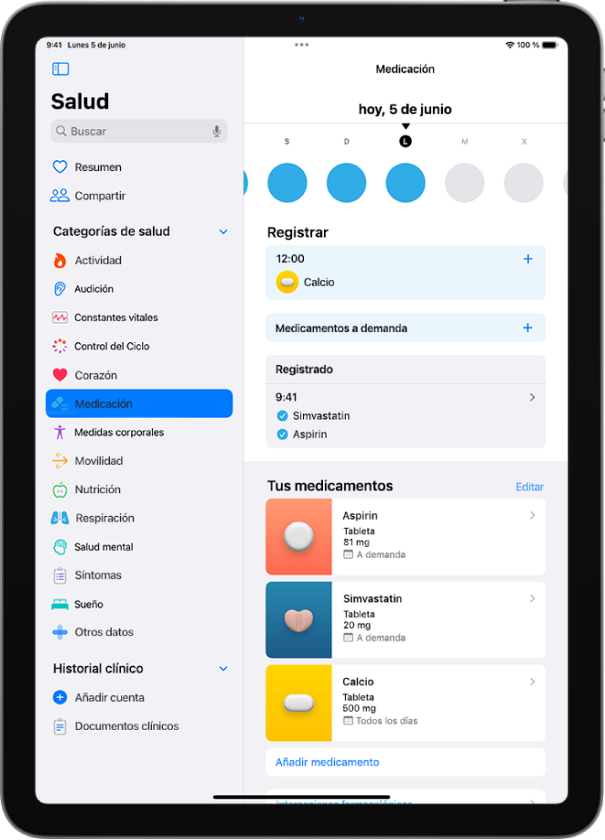 La pantalla Medicación de la app Salud, con una fecha y un registro de los medicamentos.